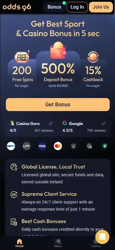 Página principal de Odds96 Casino — diseño móvil