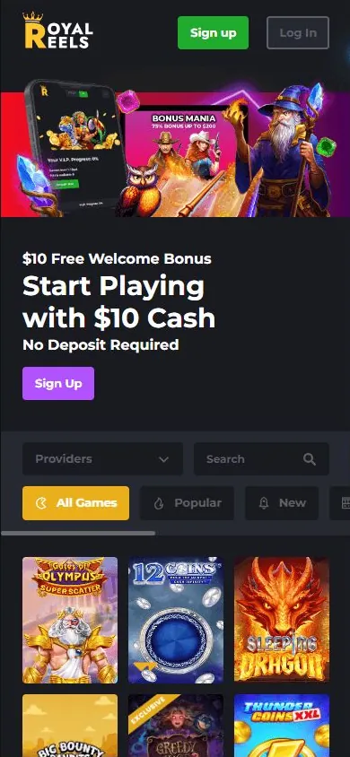 Página principal de Royal Reels Casino — diseño móvil