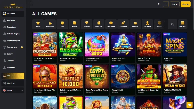 Catálogo de juegos de Golden Crown Casino: diseño de escritorio