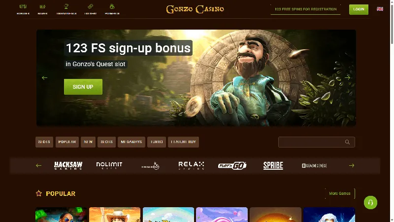 Portada de Gonzo Casino: diseño de escritorio