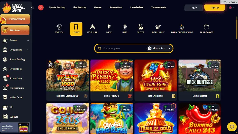 Catálogo de juegos de HellSpin: diseño de escritorio