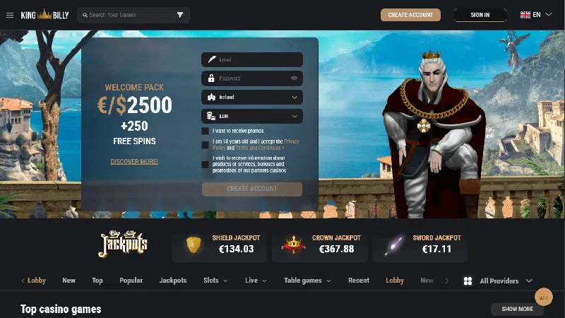 Portada de King Billy Casino: diseño de escritorio