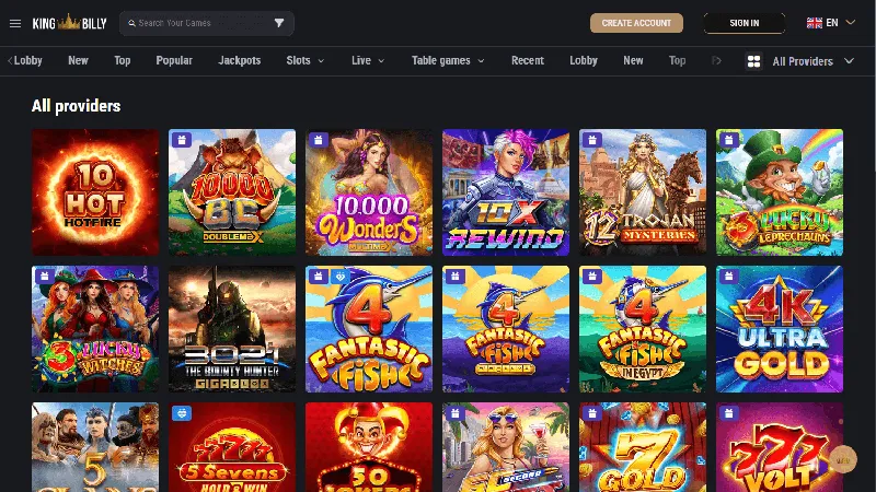 Catálogo de juegos de King Billy Casino: diseño de escritorio