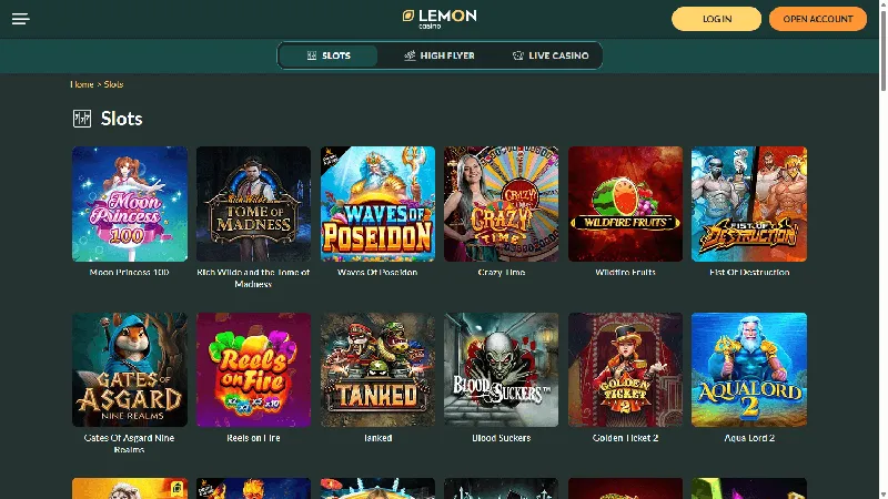 Catálogo de juegos de Lemon Casino: diseño de escritorio