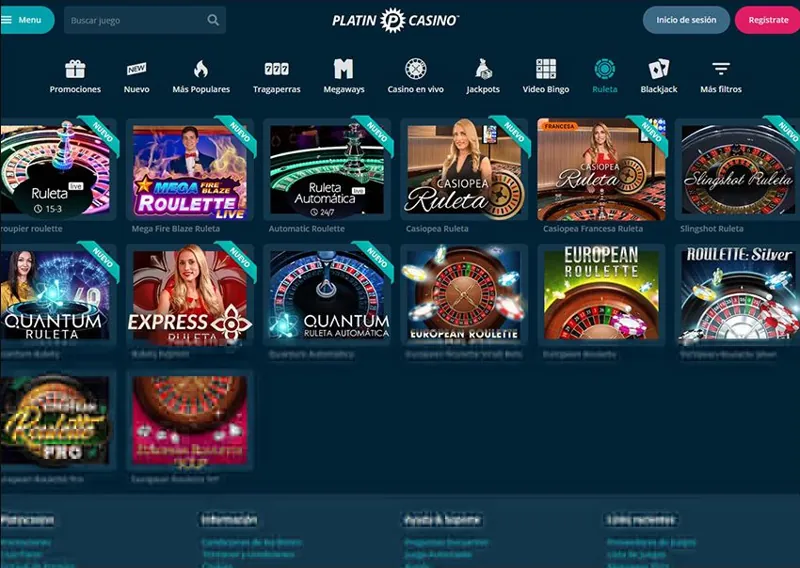 Interfaz de casino de Platincasino Casino — edición en español