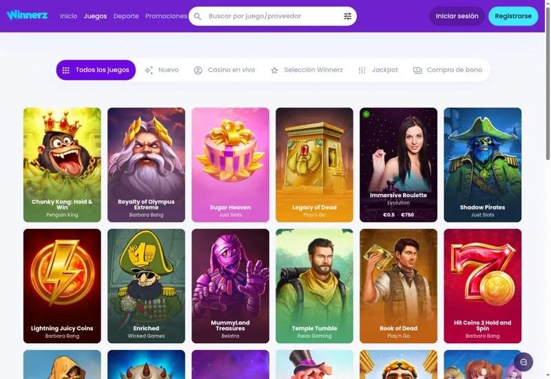 Catálogo Winnerz con categorías y fichas de casino