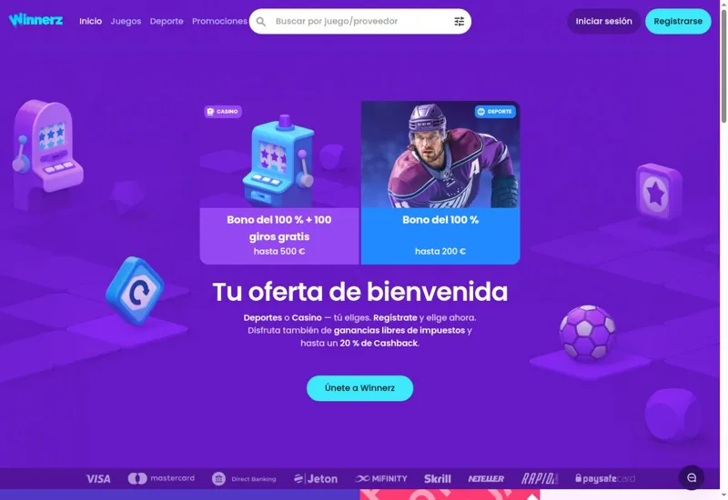 Página de bienvenida de Winnerz en español con navegación de casino, deportes y cashback