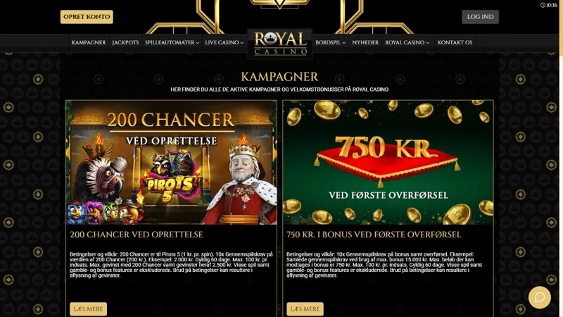 Interfaz de promociones de Royal Casino Denmark casino