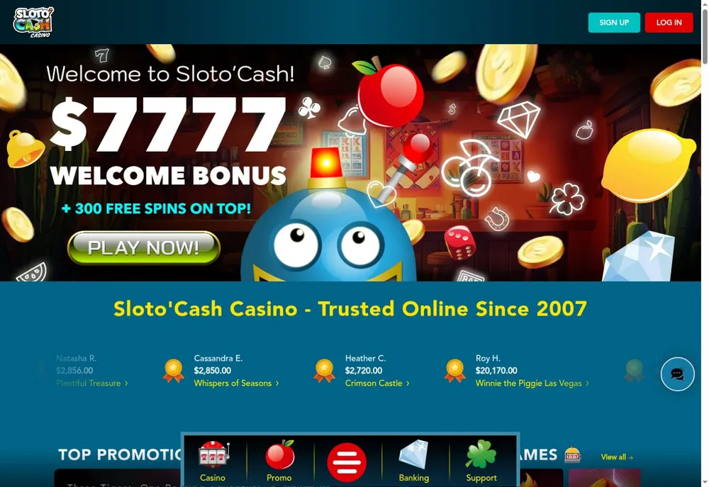 Bienvenida SlotoCash con banner de bono y navegación de casino, promociones, banca y asistencia
