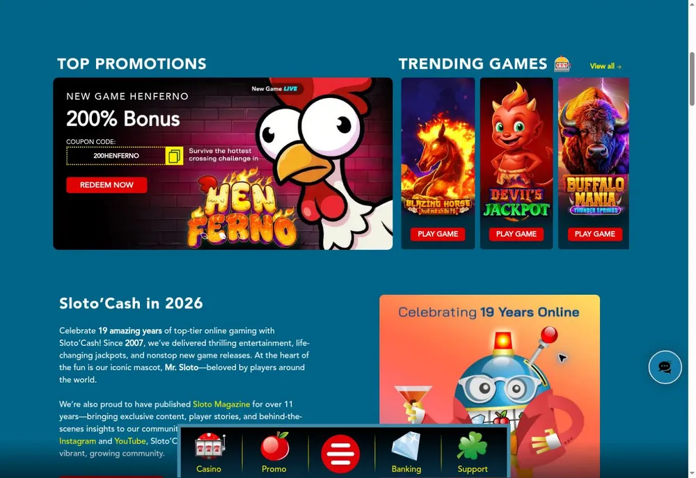 Promoción destacada Henferno de SlotoCash y tragamonedas populares Blazing Horse, Devils Jackpot y Buffalo Mania