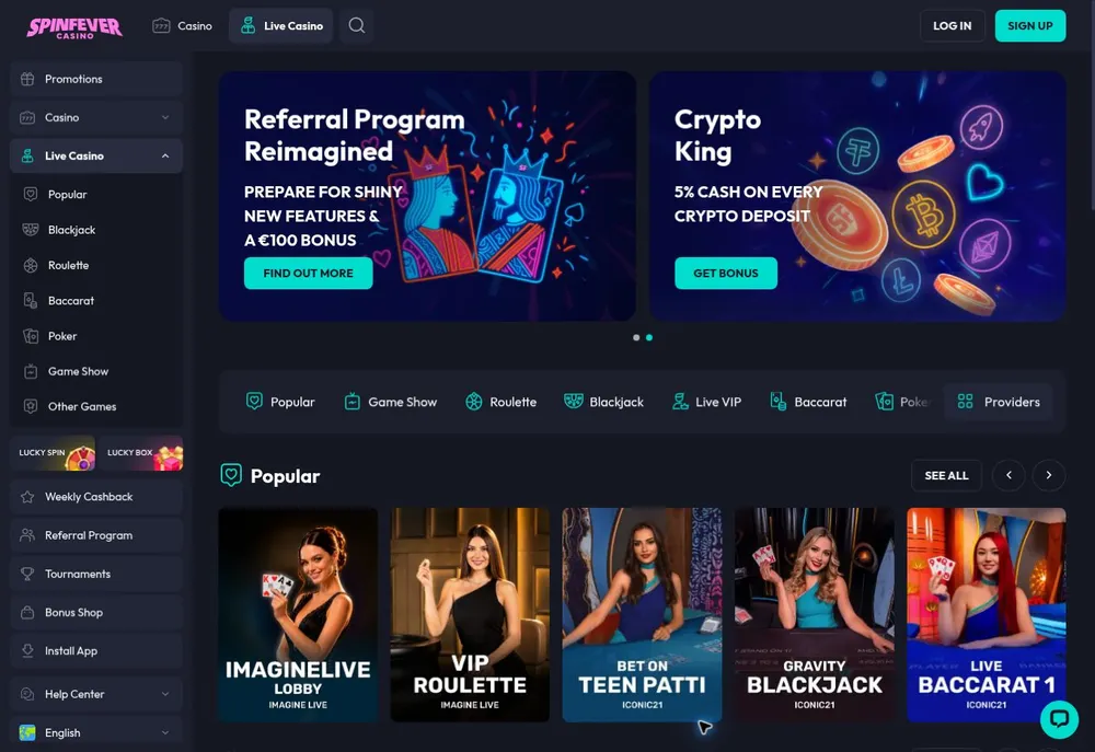 Página de casino en vivo de SpinFever con navegación de ruleta, blackjack y concursos
