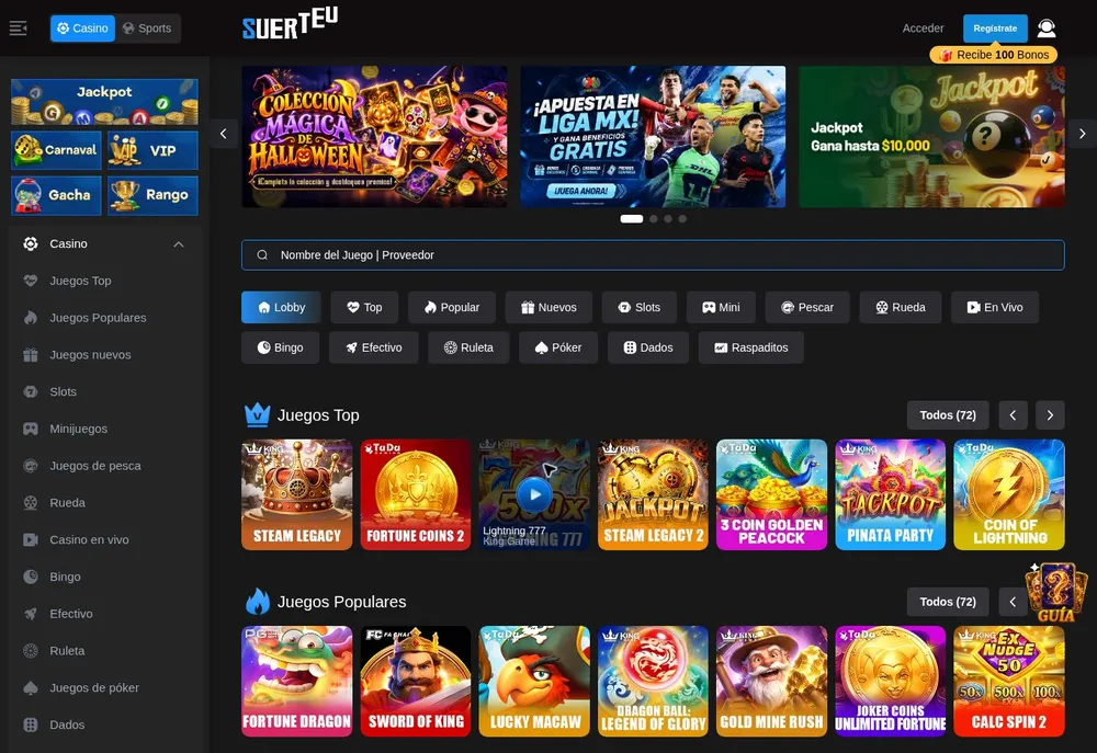 Vestíbulo de Suerteo casino con categorías de juegos y tarjetas coloridas de tragamonedas destacadas y populares