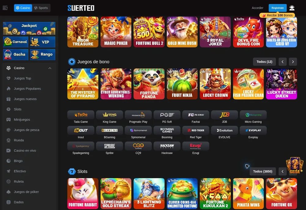 Catálogo de juegos de bono de Suerteo y logotipos como Pragmatic Play, PG Soft y Evolution