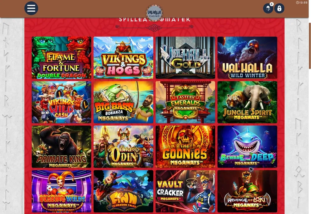 Selección de tragamonedas de Valhalla Casino que muestra Valhall Gold, Vikings and Hogs y Big Bass Bonanza Megaways