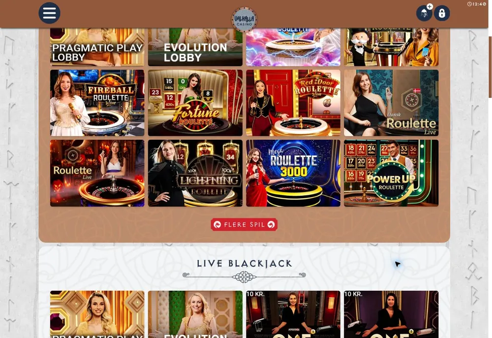 Catálogo de ruleta en vivo de Valhalla Casino con mesas Evolution y Pragmatic Play y sección de blackjack debajo