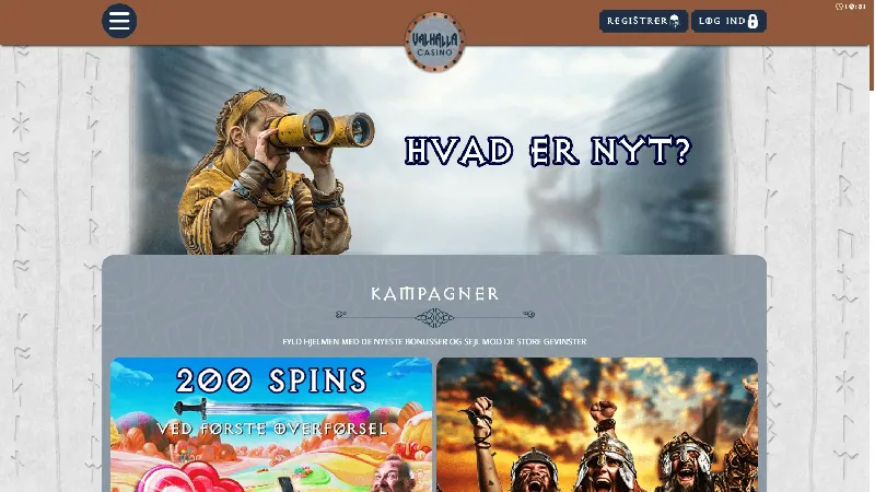 Página de promociones de Valhalla Casino en la interfaz publicada de escritorio