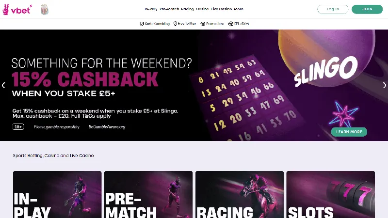 Página principal y navegación de VBET en la interfaz publicada de escritorio