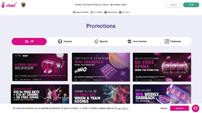Promociones de VBET en la interfaz de escritorio publicada