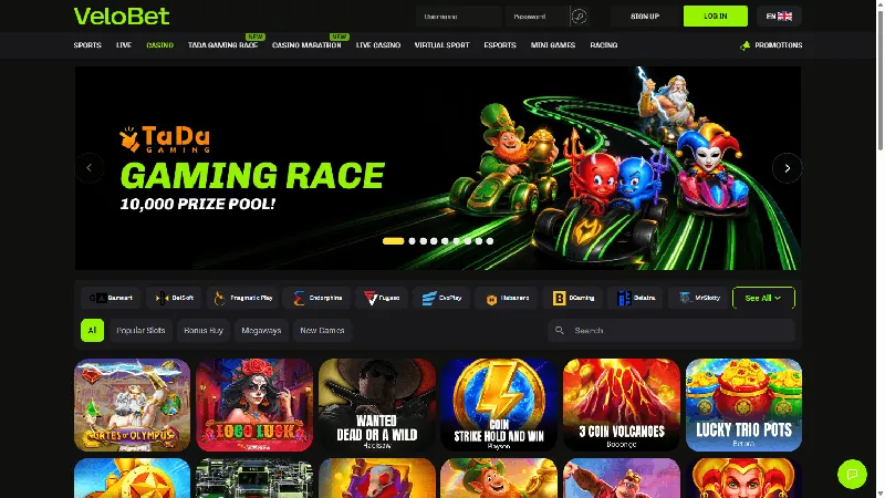 Catálogo de Velobet casino en la interfaz de escritorio publicada